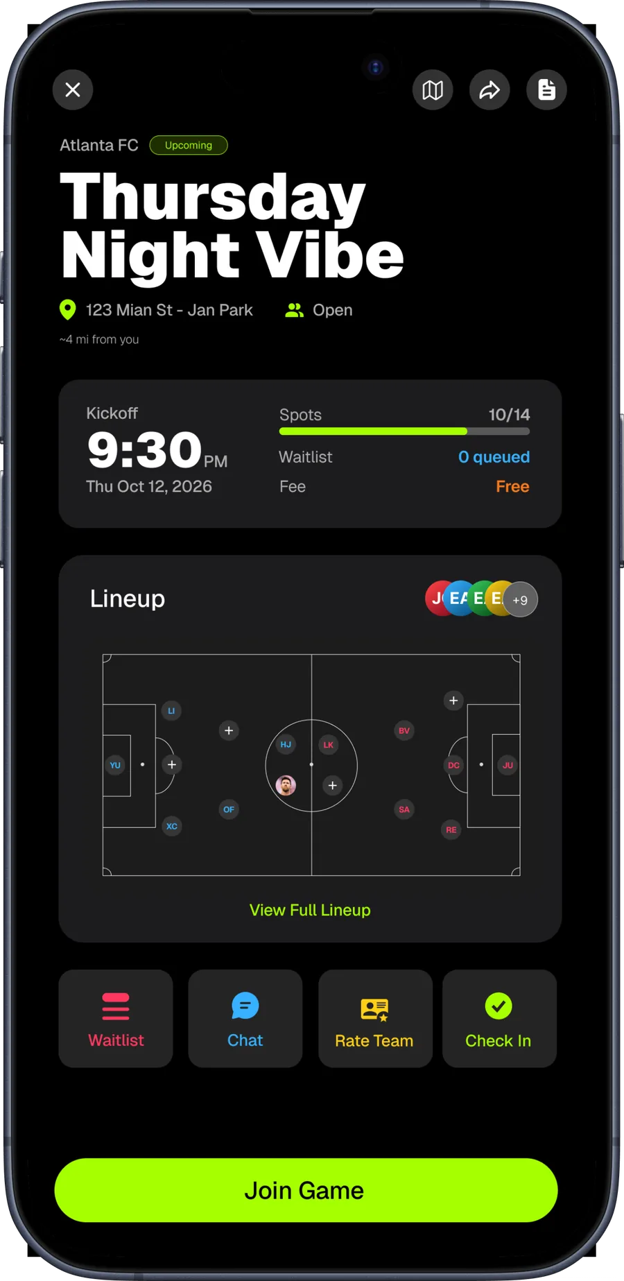 FC Pickup game screen on iPhone: kickoff time, spots left, the fee, and the lineup
